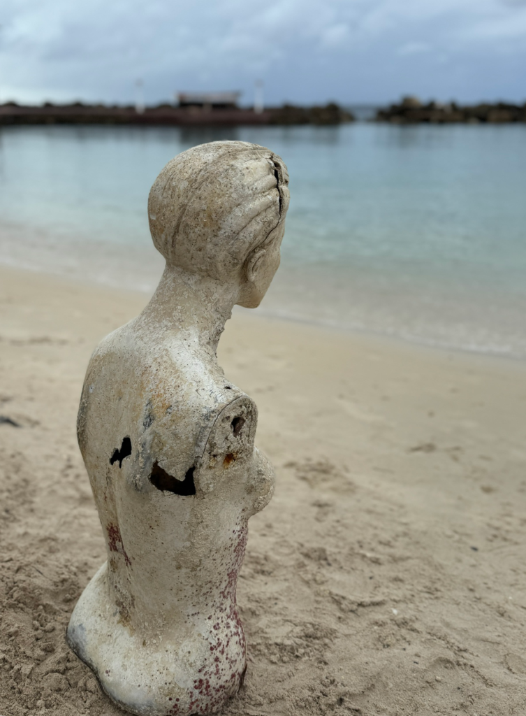 A beaten up plastic mannequin gazing out on the sea she just had floated in from, illustrating the pollution problems in our oceans.